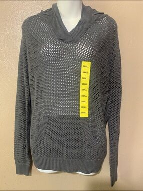 Shirt 469 size S Linen Blend  Charcoal Open-Knit V-Neck Hoodie Sweater NWT